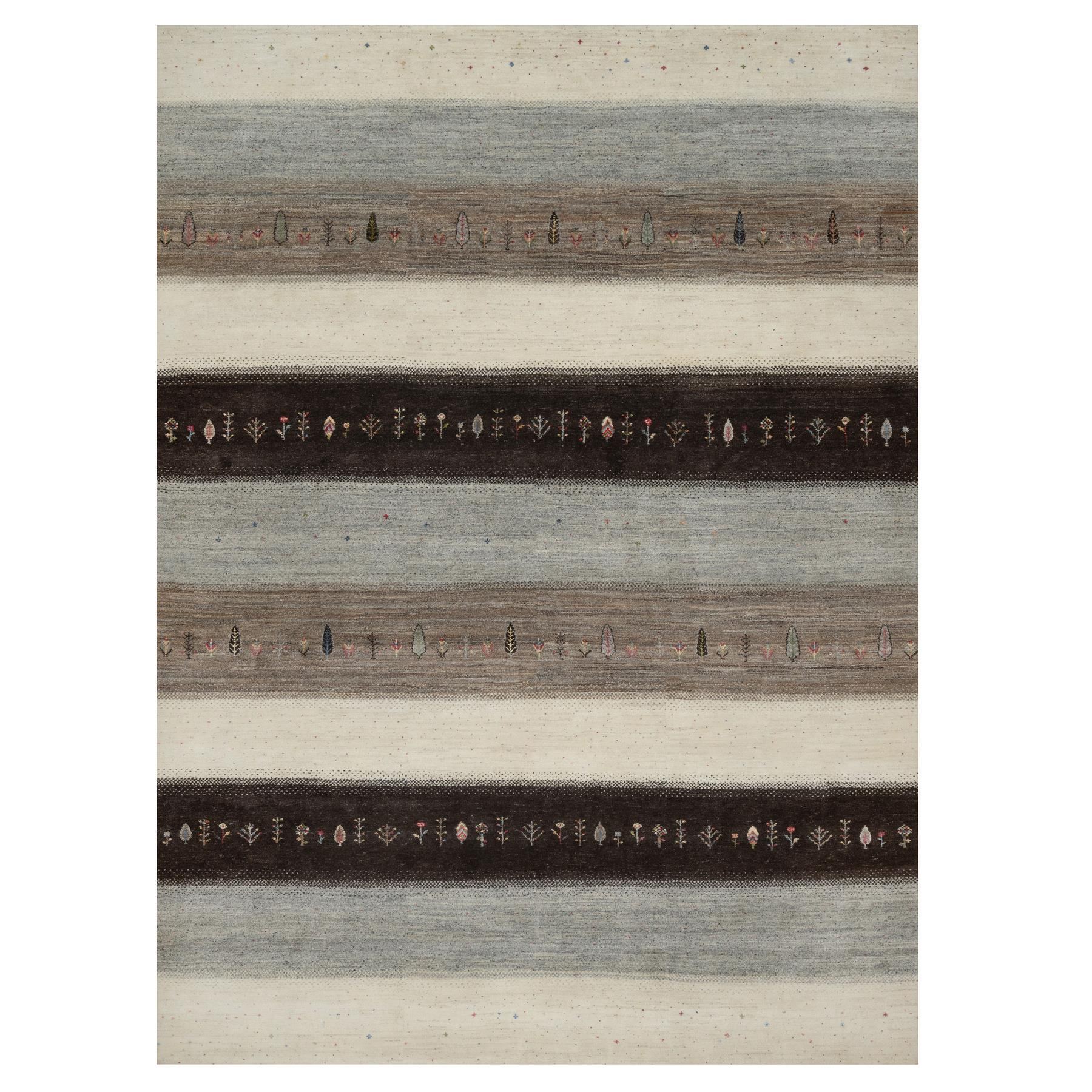 Swan White, Modern, Lori Buft Gabbeh with Small Tree Figurines, Hand Knotted, Thick and Plush, Pure Wool, Oriental Rug
